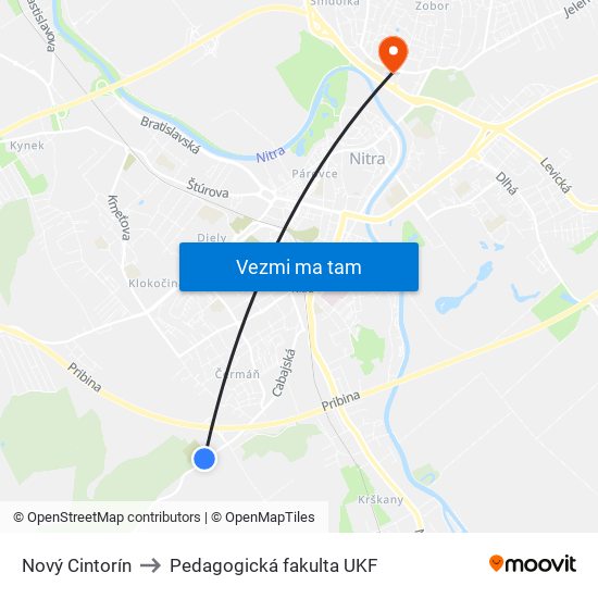 Nový Cintorín to Pedagogická fakulta UKF map