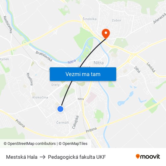 Mestská Hala to Pedagogická fakulta UKF map