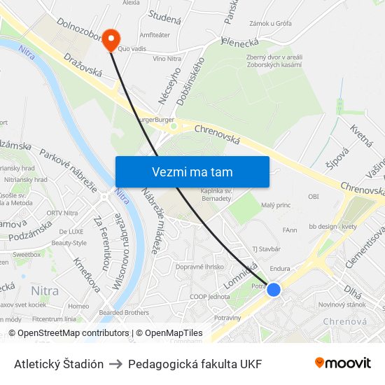 Atletický Štadión to Pedagogická fakulta UKF map