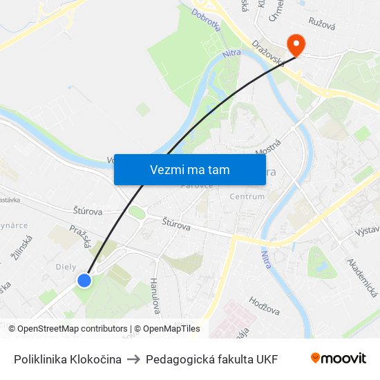 Poliklinika Klokočina to Pedagogická fakulta UKF map