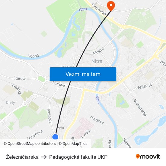 Železničiarska to Pedagogická fakulta UKF map