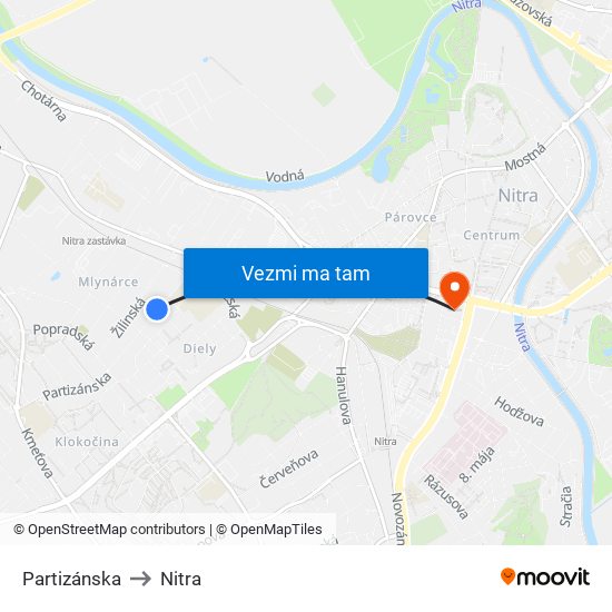 Partizánska to Nitra map