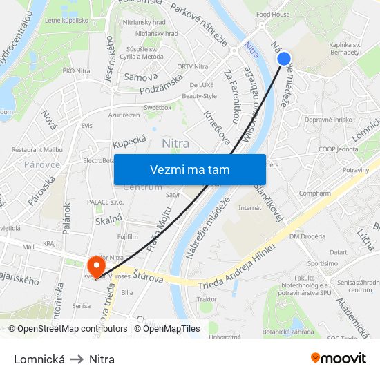 Lomnická to Nitra map