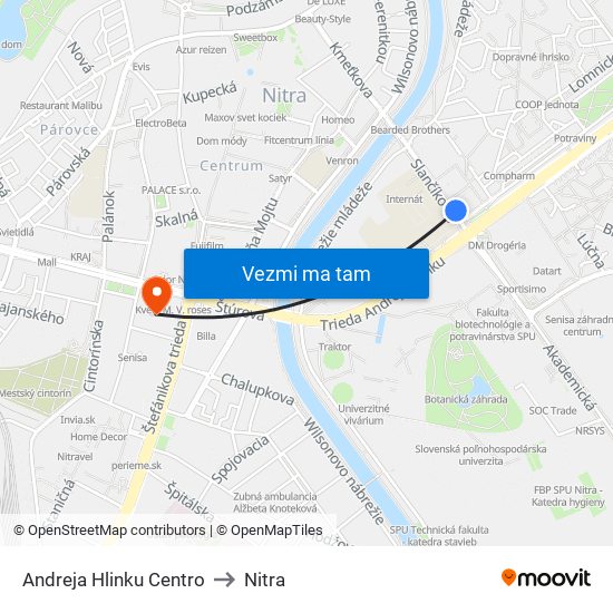 Andreja Hlinku Centro to Nitra map