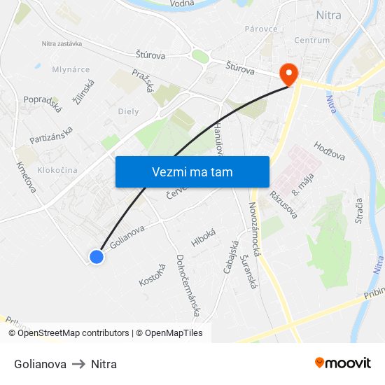 Golianova to Nitra map