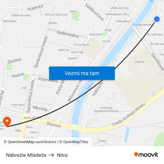 Nábrežie Mládeže to Nitra map