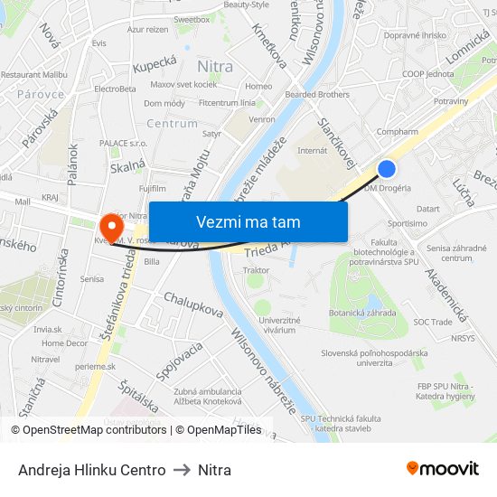 Andreja Hlinku Centro to Nitra map