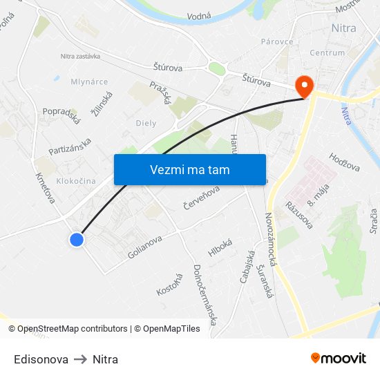 Edisonova to Nitra map