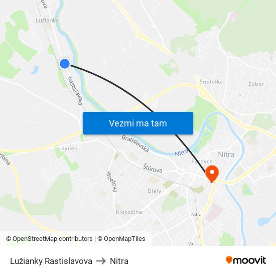 Lužianky Rastislavova to Nitra map