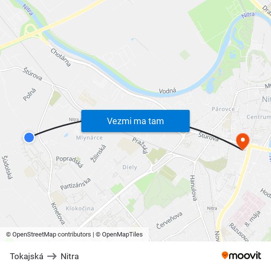 Tokajská to Nitra map