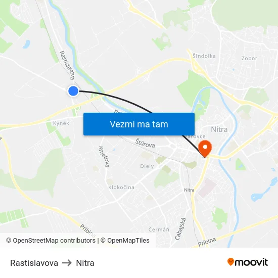 Rastislavova to Nitra map
