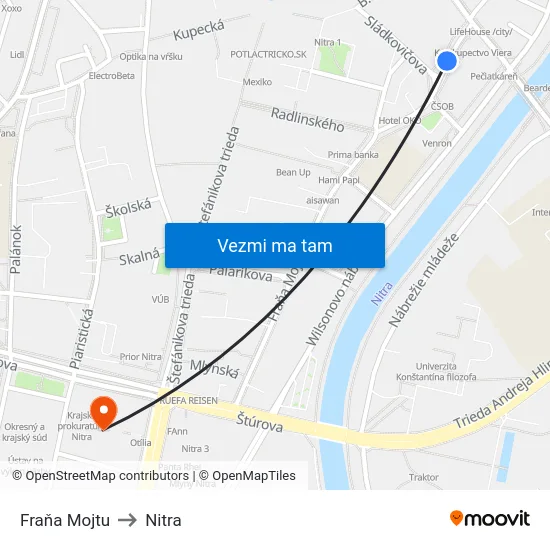 Fraňa Mojtu to Nitra map