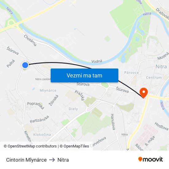 Cintorín Mlynárce to Nitra map