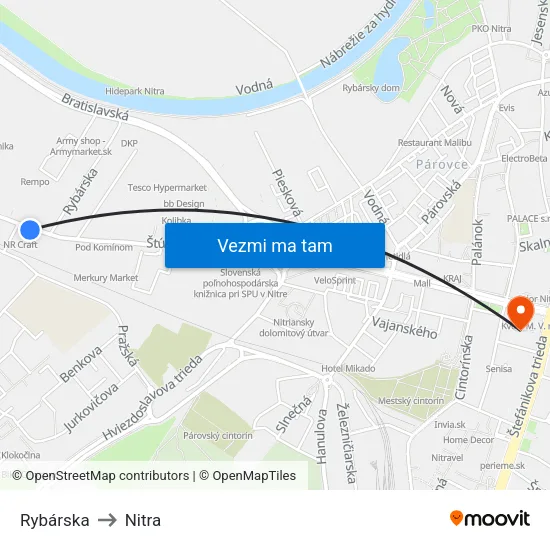 Rybárska to Nitra map