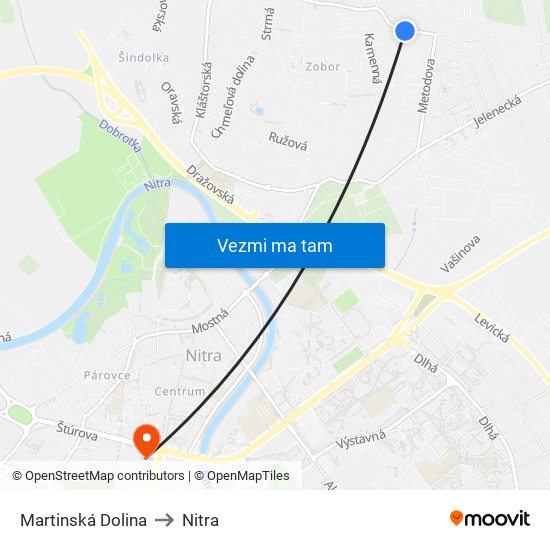 Martinská Dolina to Nitra map