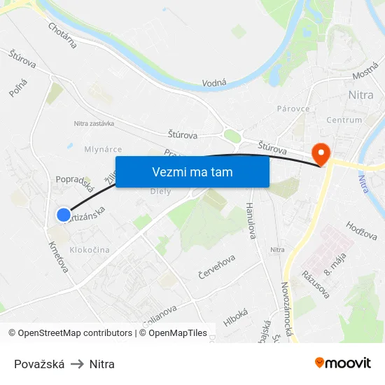 Považská to Nitra map