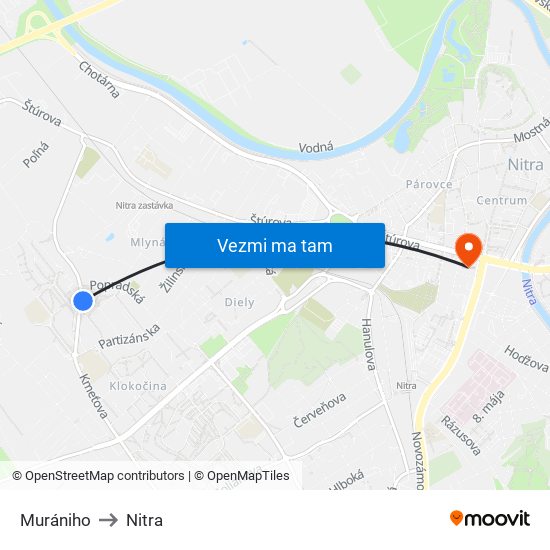 Murániho to Nitra map