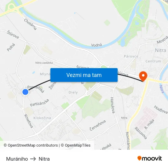 Murániho to Nitra map