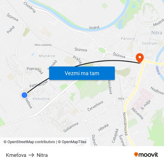 Kmeťova to Nitra map