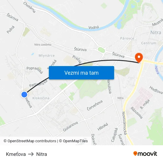 Kmeťova to Nitra map