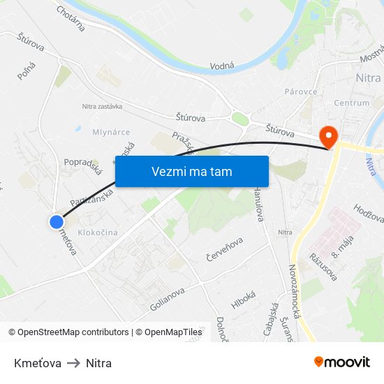 Kmeťova to Nitra map