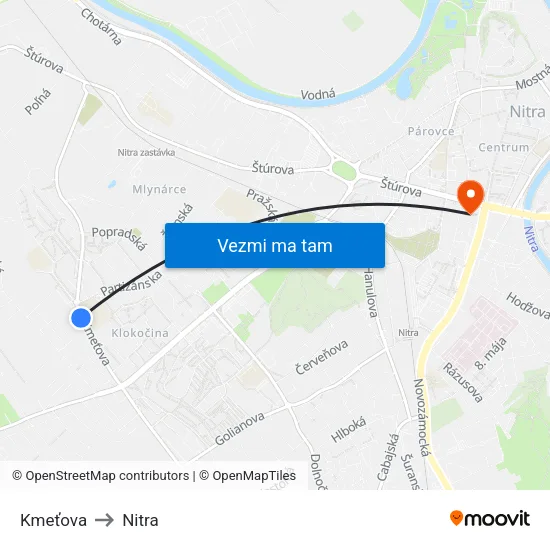 Kmeťova to Nitra map