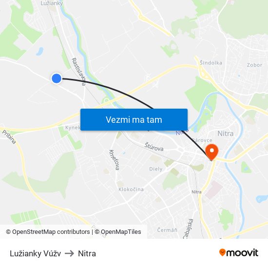 Lužianky Vúžv to Nitra map