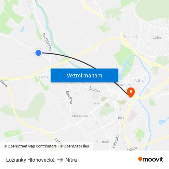 Lužianky Hlohovecká to Nitra map