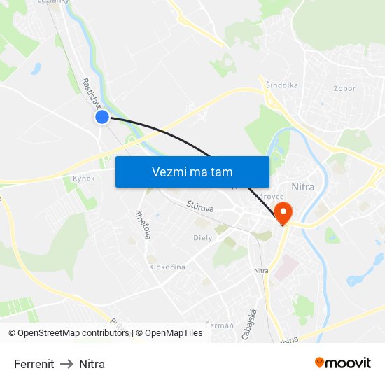Ferrenit to Nitra map