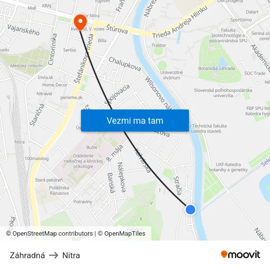 Záhradná to Nitra map