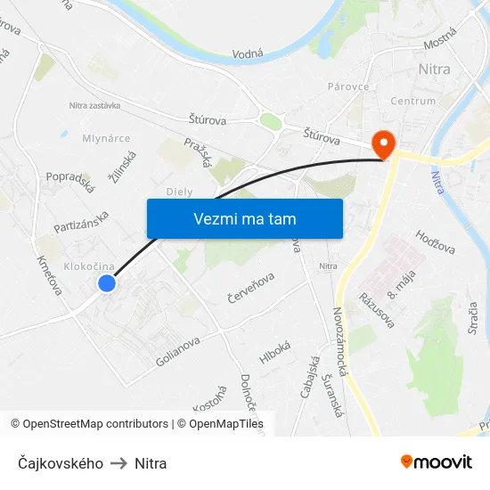 Čajkovského to Nitra map