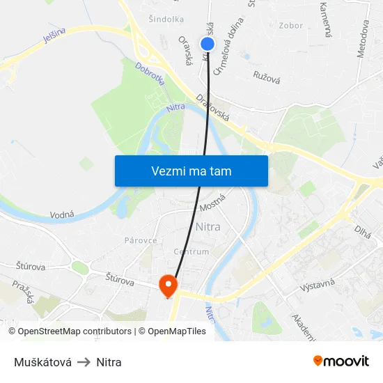 Muškátová to Nitra map