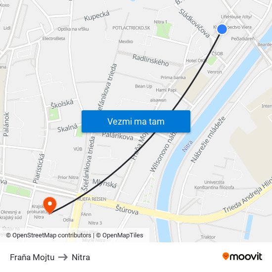 Fraňa Mojtu to Nitra map