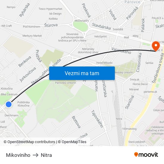 Mikovíniho to Nitra map