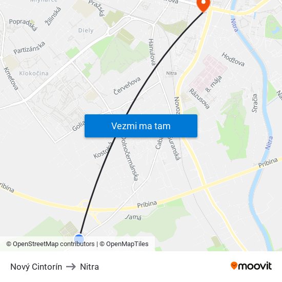 Nový Cintorín to Nitra map