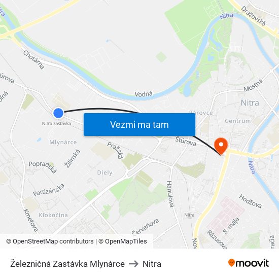 Železničná Zastávka Mlynárce to Nitra map