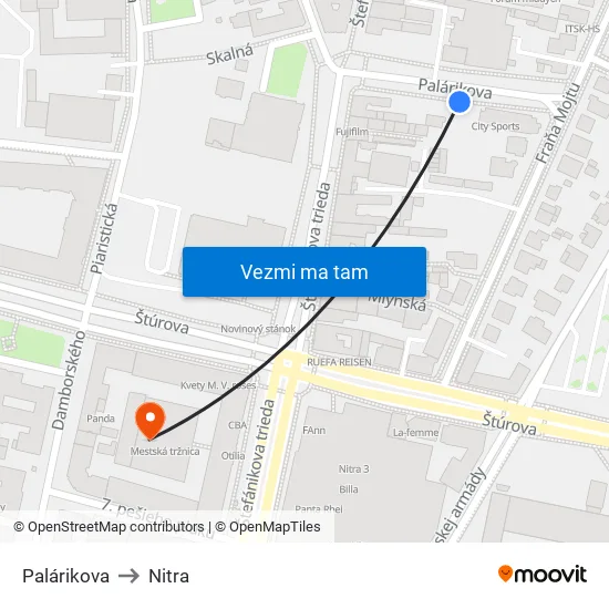 Palárikova to Nitra map