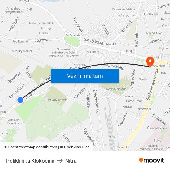 Poliklinika Klokočina to Nitra map