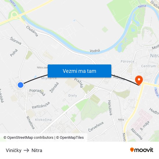 Viničky to Nitra map