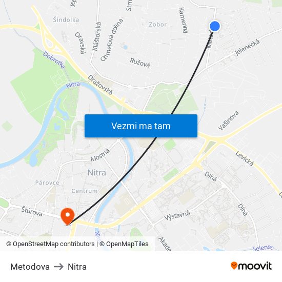 Metodova to Nitra map