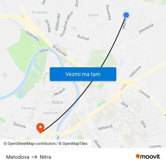 Metodova to Nitra map