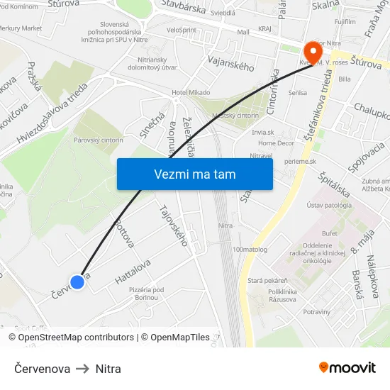 Červenova to Nitra map