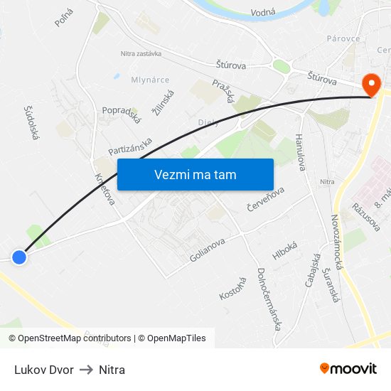 Lukov Dvor to Nitra map