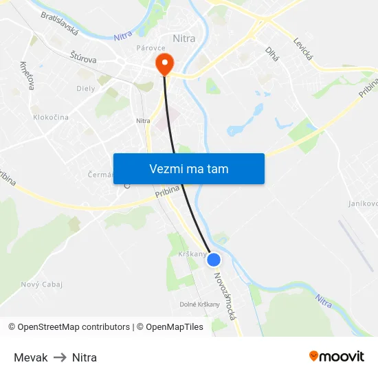 Mevak to Nitra map