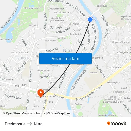 Predmostie to Nitra map