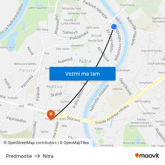 Predmostie to Nitra map