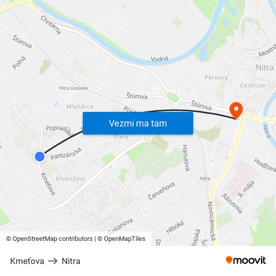 Kmeťova to Nitra map