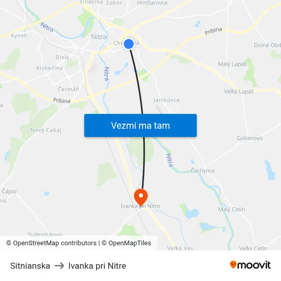 Sitnianska to Ivanka pri Nitre map