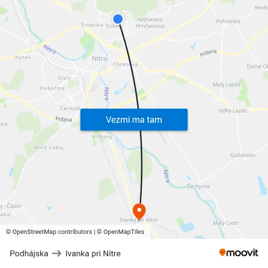 Podhájska to Ivanka pri Nitre map