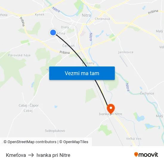 Kmeťova to Ivanka pri Nitre map